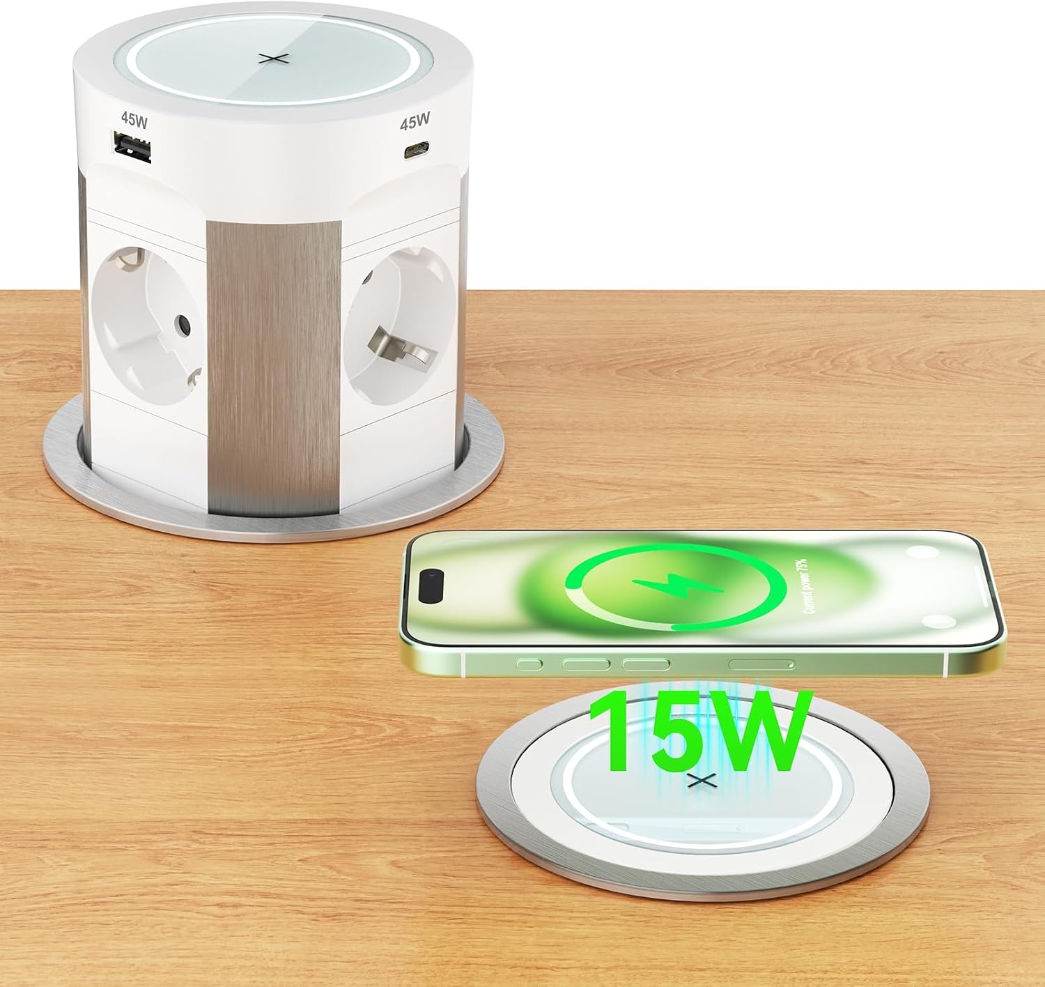 HANNELORE Inbouw stekkerdoos uitschuifbaar - 4 stopcontacten - USB-C 75W - Draadloos opladen - Wit