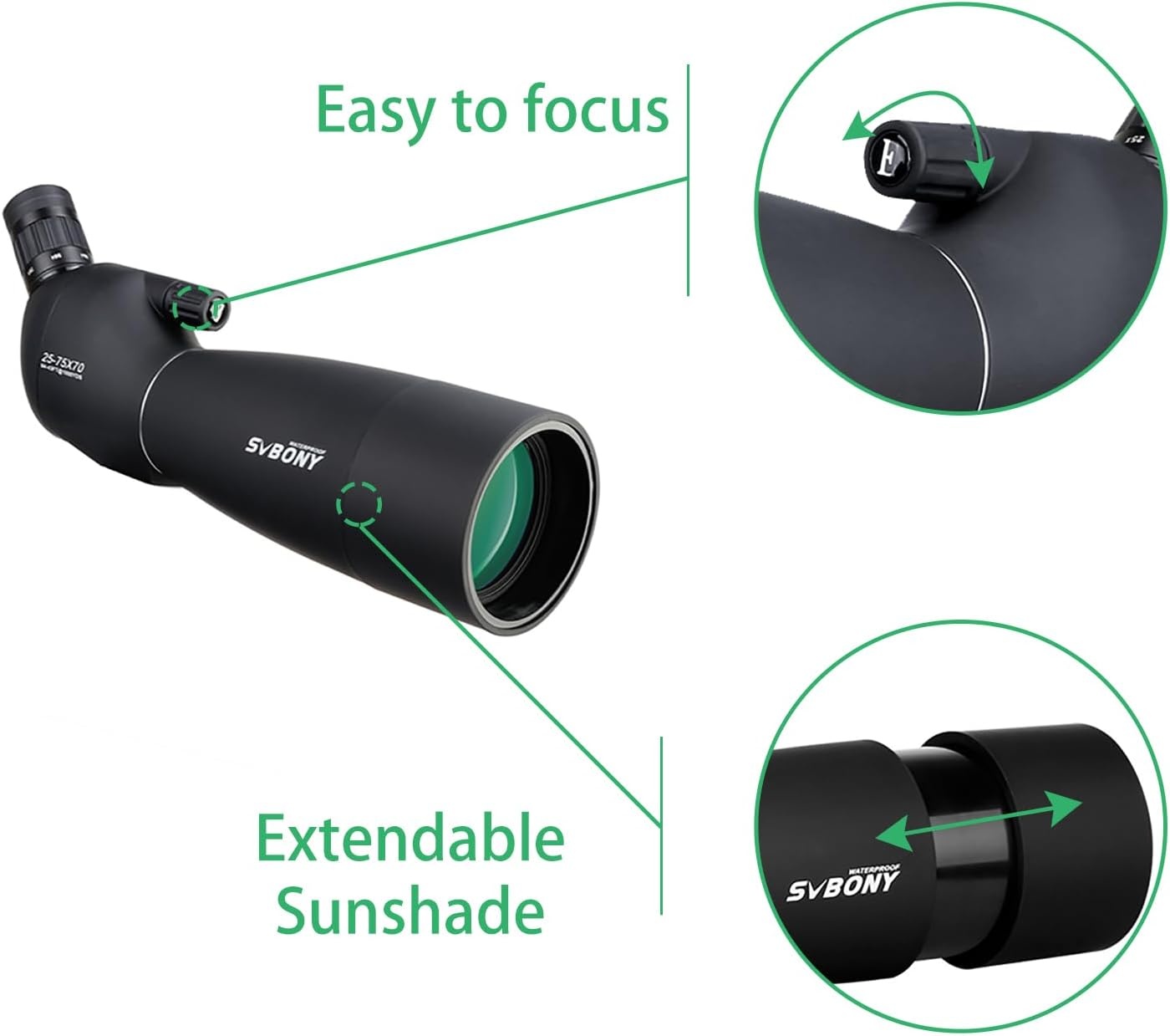 Svbony SV28 Spotting Scope 25-75x70, BAK4 Prism MC Optiek Monoculair met Statief Telefoon Adapter 45 Gebogen Oculair Spotting Scope voor het observeren van vogels (zwart)