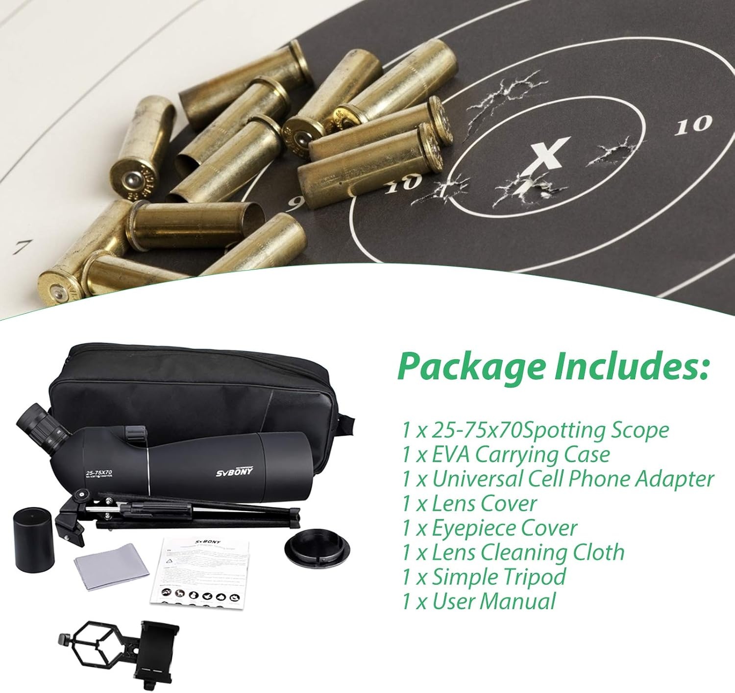 Svbony SV28 Spotting Scope 25-75x70, BAK4 Prism MC Optiek Monoculair met Statief Telefoon Adapter 45 Gebogen Oculair Spotting Scope voor het observeren van vogels (zwart)