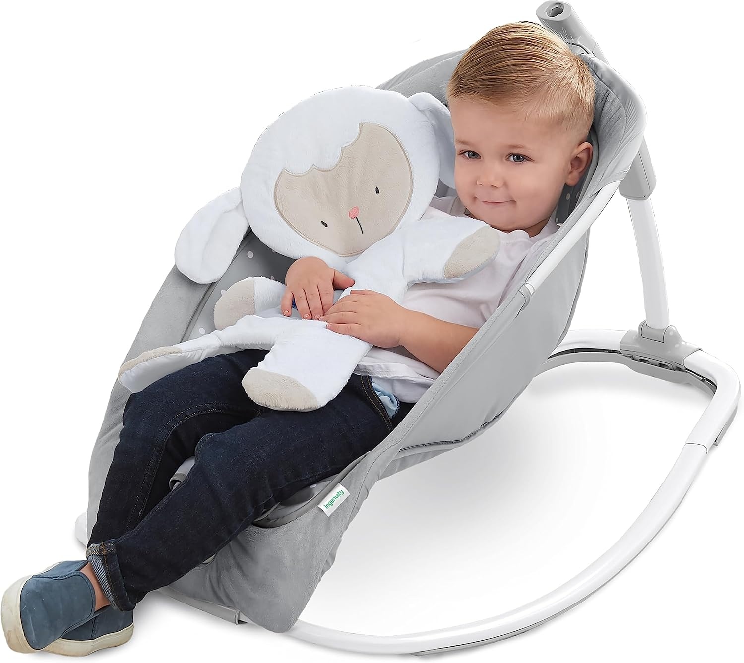Ingenuity 2-in-1 lichtgewicht schommelstoel van baby tot peuter en wipstoel – speelmat voor buikligging, trillingen en geluiden, 0–30 maanden tot 18,1 kg (Cuddle Lamb)