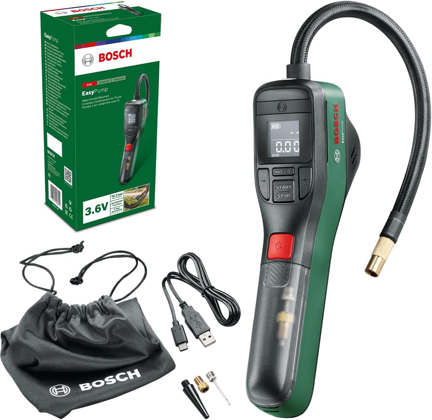 Bosch elektrische fietspomp/luchtpomp/minicompressor EasyPump (3,0 Ah accu, 3,6 volt, automatische stopfunctie, 150 psi, 10,3 bar, led, oplaadbaar via USB-C-kabel, in kartonnen doos)