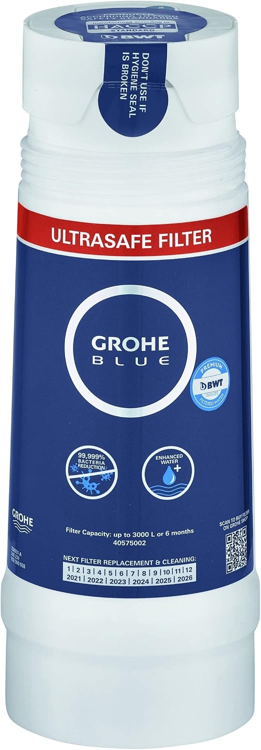 GROHE Blue UltraSafe, 40575002 Filterpatroon, inhoud 3000 liter, filtert bacteriën en microplastic, vermindert storende stoffen