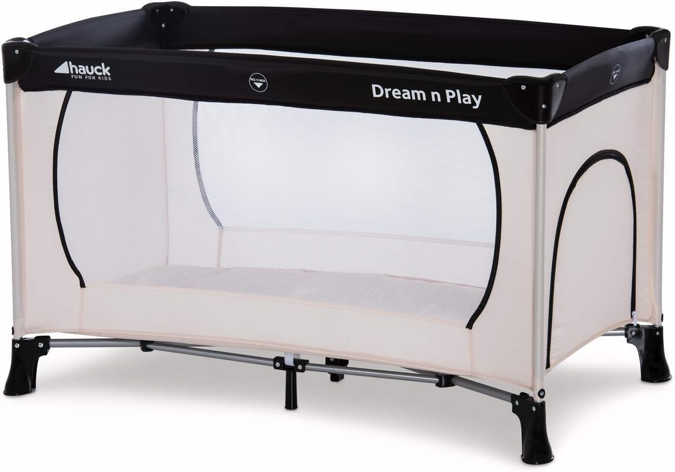 Hauck Dream N Play Plus Reisbed, 120 x 60 cm (opgevouwen: 76 x 24 x 23 cm), voor baby's en kinderen vanaf de geboorte tot 15 kg, licht, compact opvouwbaar, antislip, beige/grey