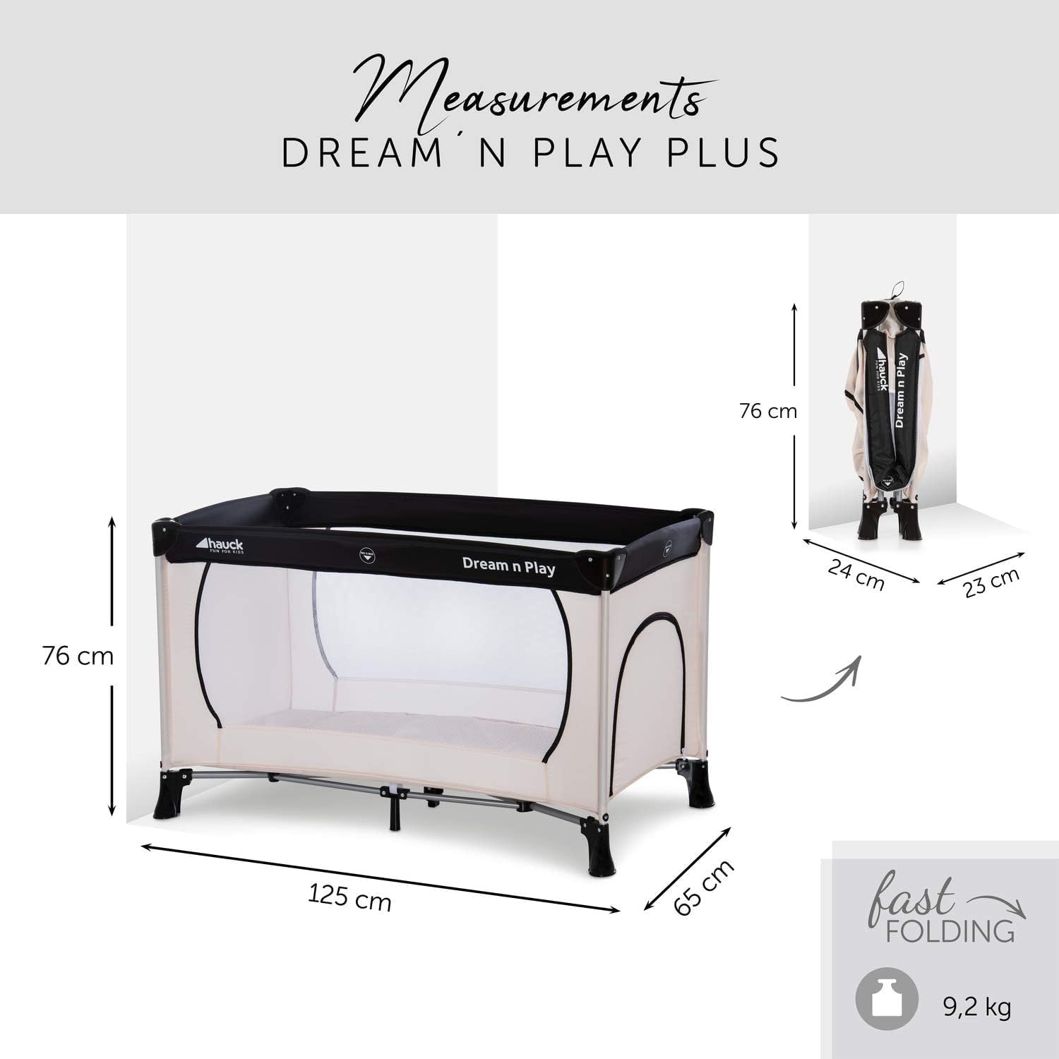 Hauck Dream N Play Plus Reisbed, 120 x 60 cm (opgevouwen: 76 x 24 x 23 cm), voor baby's en kinderen vanaf de geboorte tot 15 kg, licht, compact opvouwbaar, antislip, beige/grey