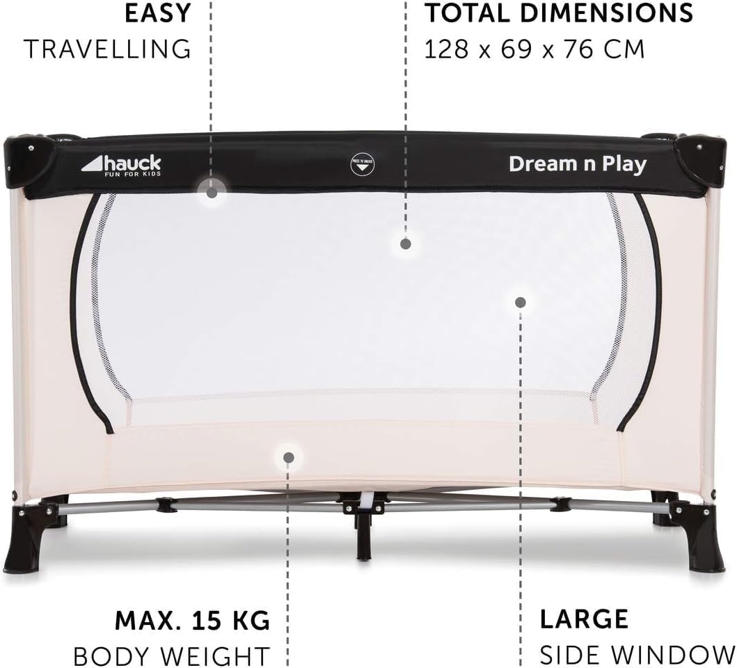 Hauck Dream N Play Plus Reisbed, 120 x 60 cm (opgevouwen: 76 x 24 x 23 cm), voor baby's en kinderen vanaf de geboorte tot 15 kg, licht, compact opvouwbaar, antislip, beige/grey