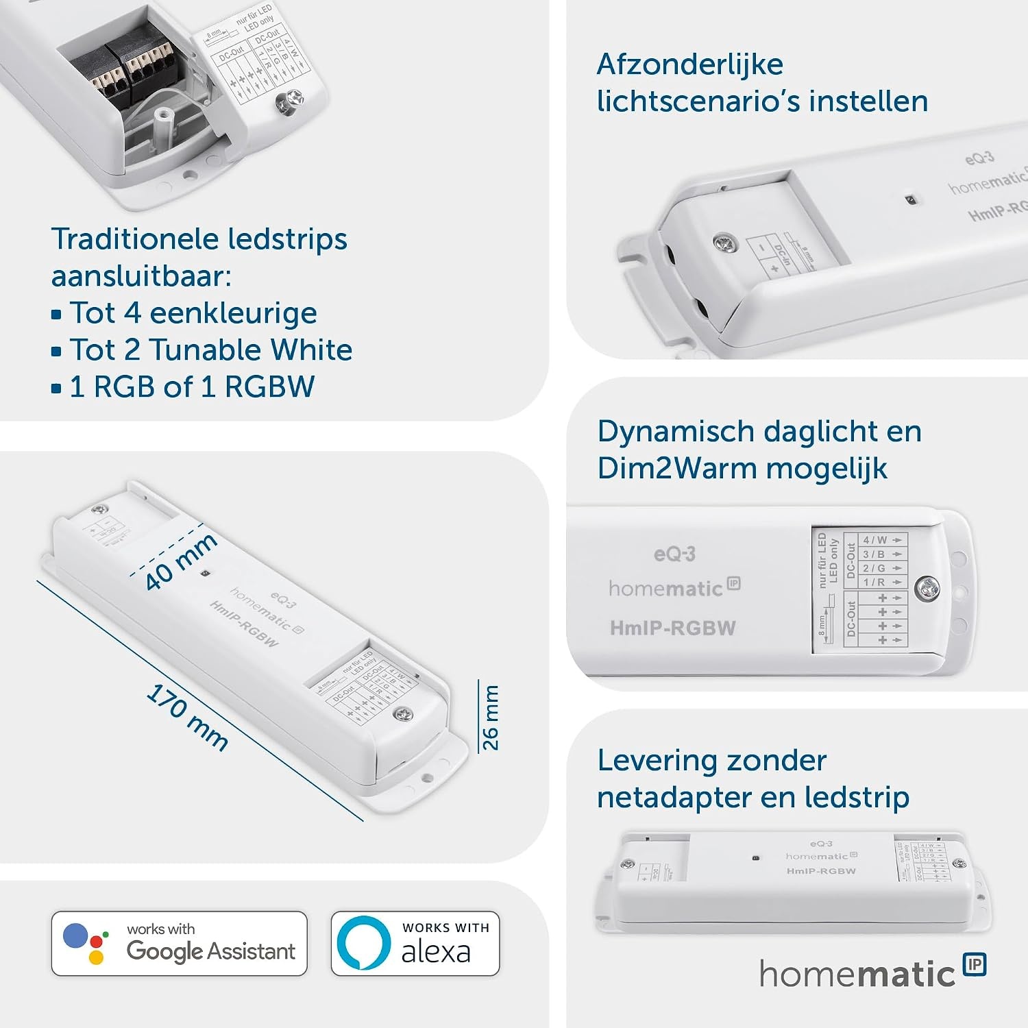 Homematic IP LED Controller – RGBW, wit en gekleurd licht, slimme verlichting, verbindt conventionele lightstrips met Homematic IP, werkt met Alexa en Google Home, 157662A0