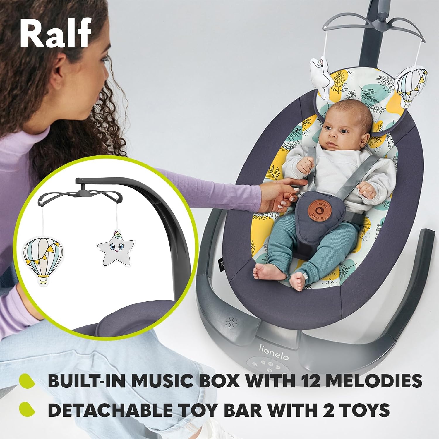 Lionelo Ralf 2-in-1 Babywipstoel en Schommel - Grijs/Wit - Automatisch