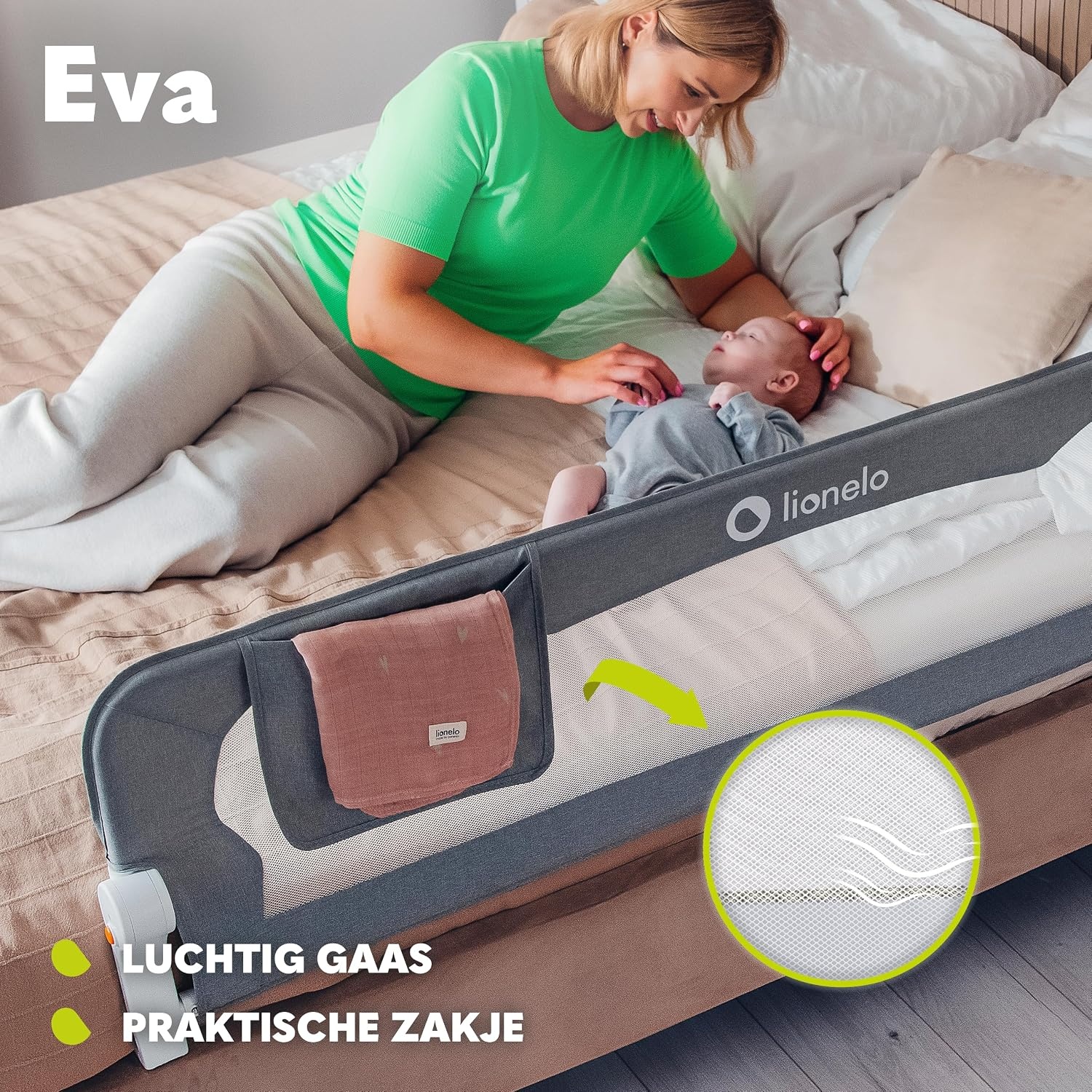 LIONELO Eva Bedhekje 150 x 42 cm – Veilig Bedhek met StandSafe Blokkade, Secure Belt Riemen – 180° Opvouwbaar – Duurzaam Aluminium Frame – Voor Baby, Peuters en Kinderen – Gemakkelijk te Monteren