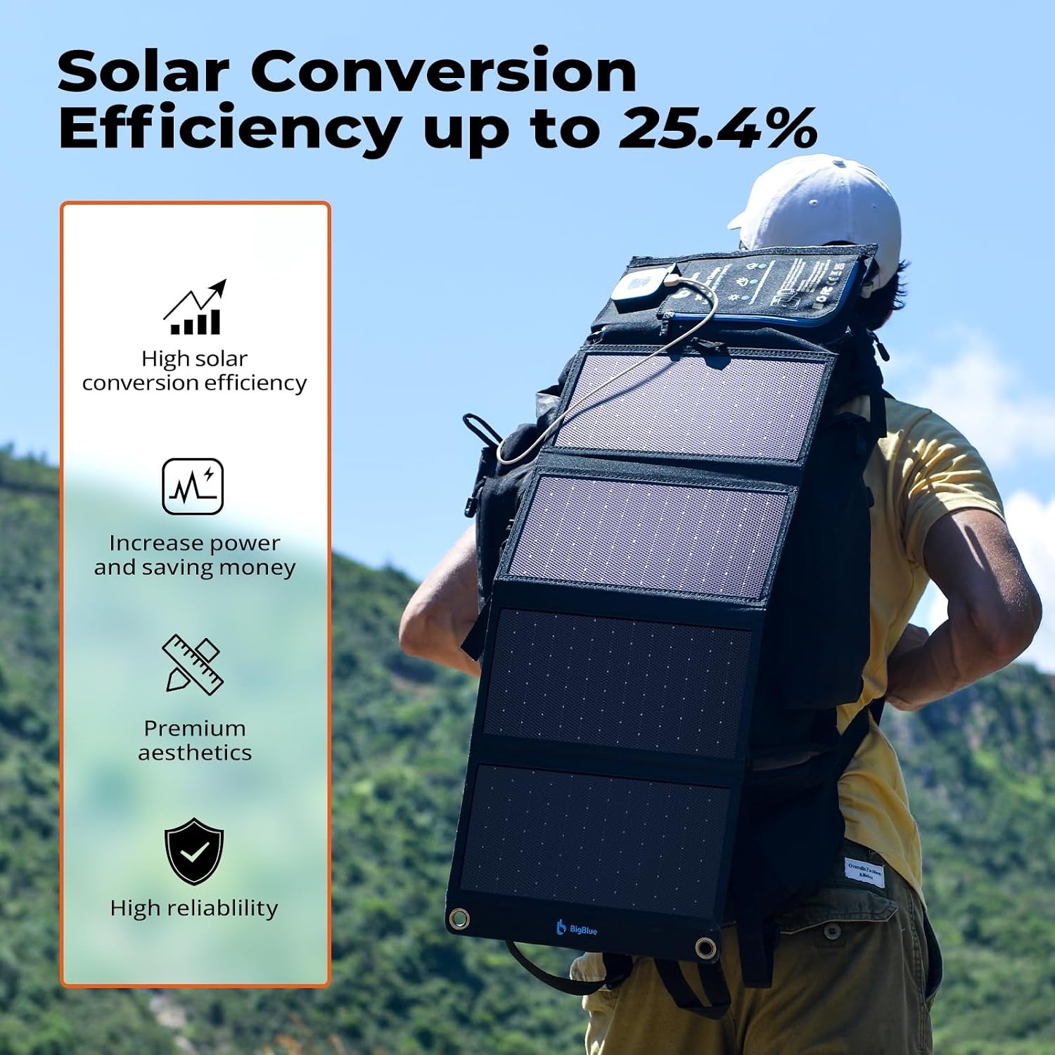 BigBlue 28W Solar Charger Opvouwbaar met Digitale Ammeter, Outdoor Zonne-energie Oplader Met Zonnepanelen Dubbele USB-poorten (5V/4A Algemeen) voor iPhone iPad Samsung Galaxy LG mobiele - Maat 28W