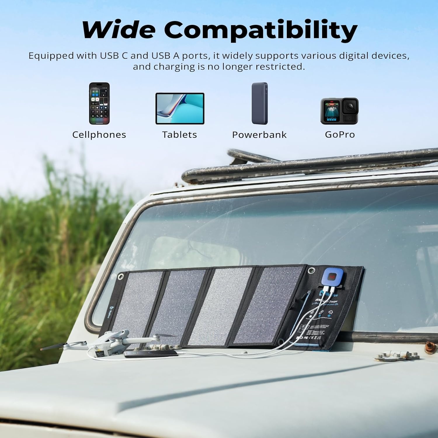 BigBlue 28W Solar Charger Opvouwbaar met Digitale Ammeter, Outdoor Zonne-energie Oplader Met Zonnepanelen Dubbele USB-poorten (5V/4A Algemeen) voor iPhone iPad Samsung Galaxy LG mobiele - Maat 28W