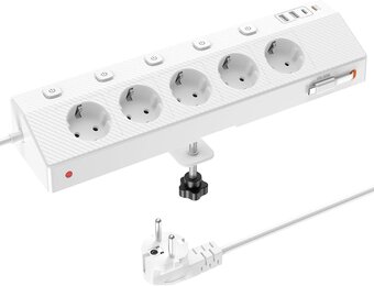 PASSUS Tafelstopcontact, stekkerdoos met 2 USB C (PD 30 W), 5-voudig, meervoudig stopcontact, bureau met overspanningsbeveiliging en afzonderlijk schakelbaar, 10-in-1 hoekstopcontact met 2 m kabel