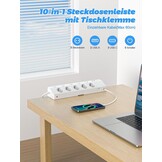 PASSUS Tafelstopcontact, stekkerdoos met 2 USB C (PD 30 W), 5-voudig, meervoudig stopcontact, bureau met overspanningsbeveiliging en afzonderlijk schakelbaar, 10-in-1 hoekstopcontact met 2 m kabel