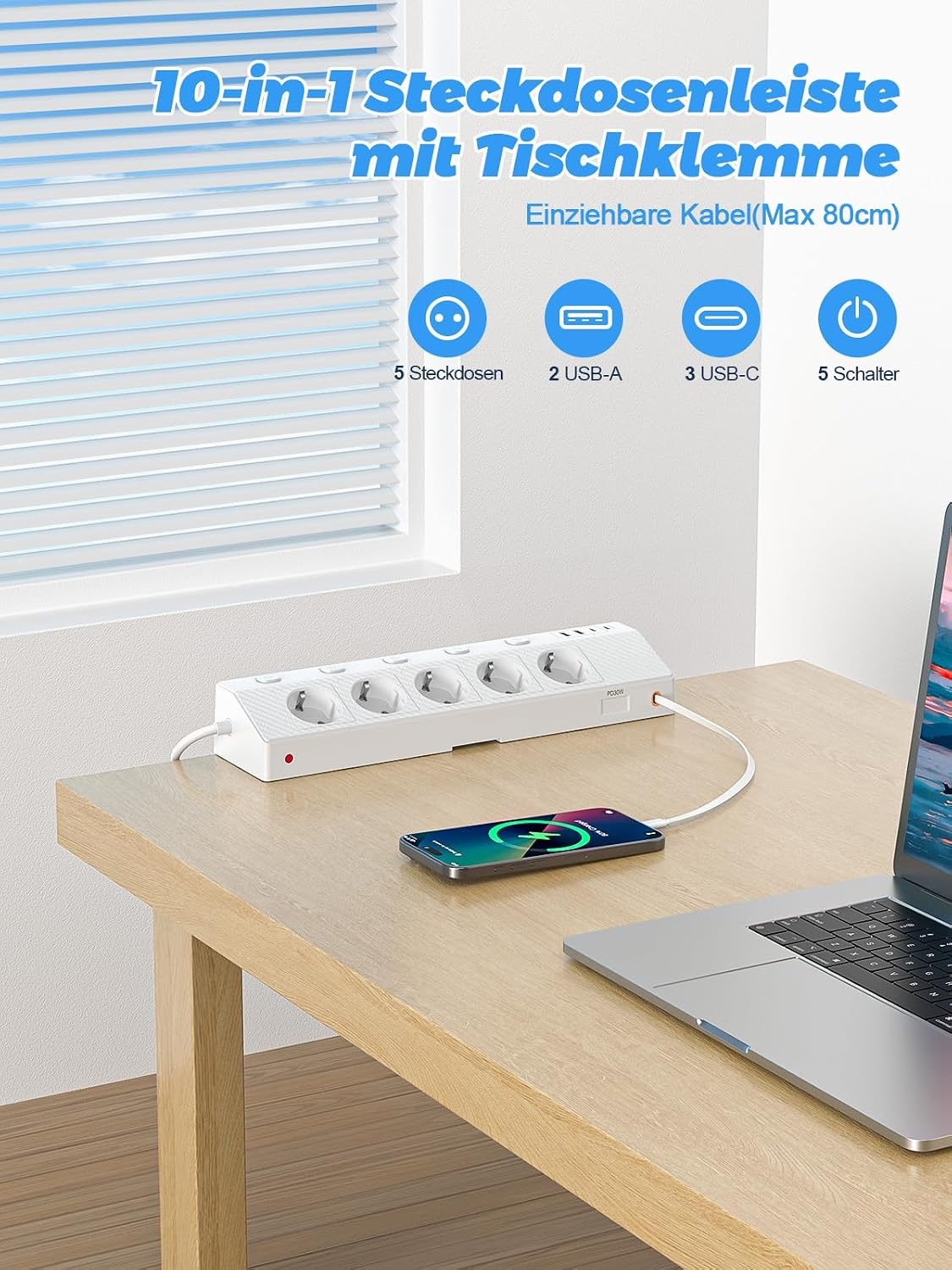 PASSUS Tafelstopcontact, stekkerdoos met 2 USB C (PD 30 W), 5-voudig, meervoudig stopcontact, bureau met overspanningsbeveiliging en afzonderlijk schakelbaar, 10-in-1 hoekstopcontact met 2 m kabel