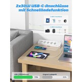 PASSUS Tafelstopcontact, stekkerdoos met 2 USB C (PD 30 W), 5-voudig, meervoudig stopcontact, bureau met overspanningsbeveiliging en afzonderlijk schakelbaar, 10-in-1 hoekstopcontact met 2 m kabel