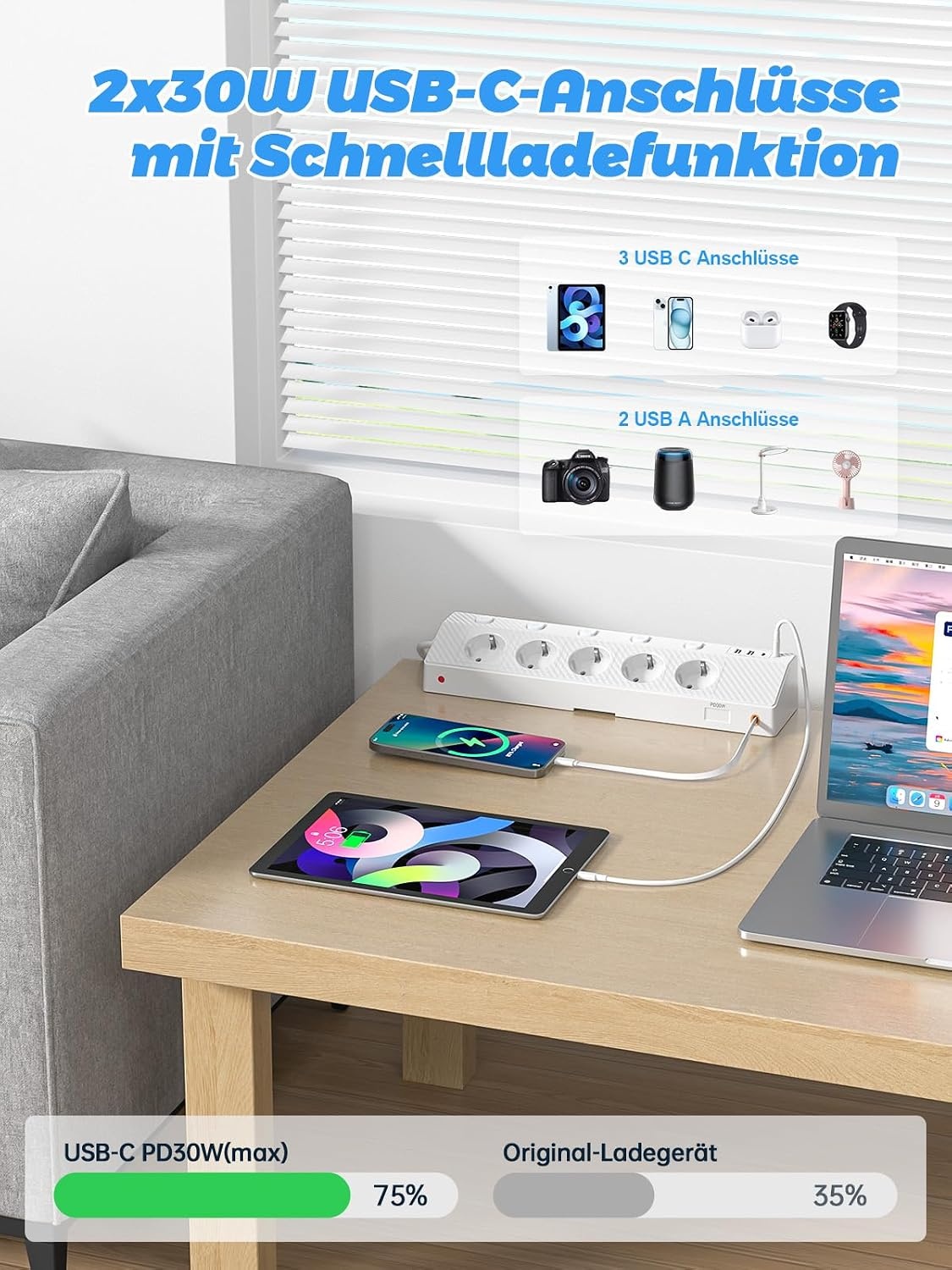 PASSUS Tafelstopcontact, stekkerdoos met 2 USB C (PD 30 W), 5-voudig, meervoudig stopcontact, bureau met overspanningsbeveiliging en afzonderlijk schakelbaar, 10-in-1 hoekstopcontact met 2 m kabel