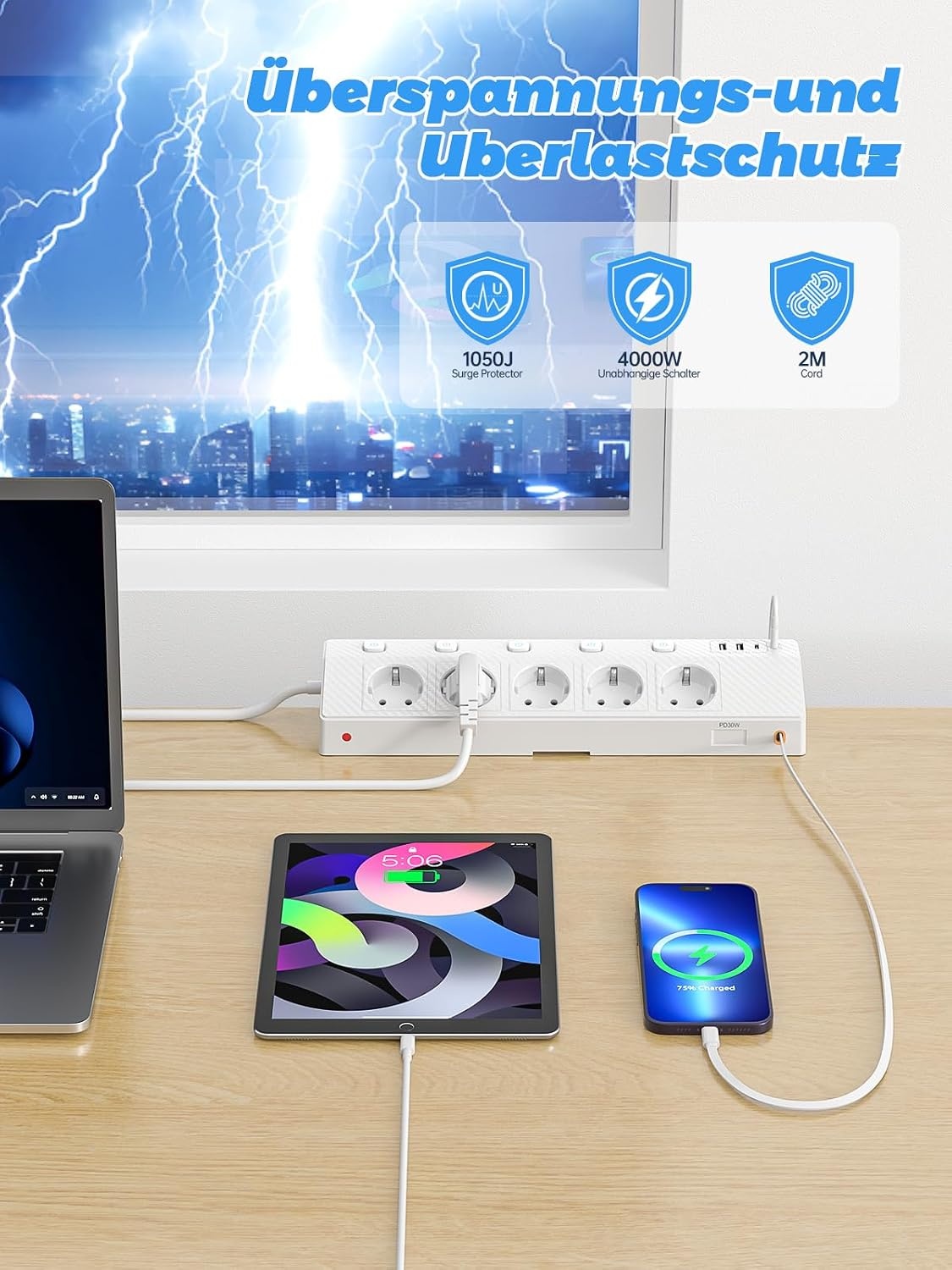 PASSUS Tafelstopcontact, stekkerdoos met 2 USB C (PD 30 W), 5-voudig, meervoudig stopcontact, bureau met overspanningsbeveiliging en afzonderlijk schakelbaar, 10-in-1 hoekstopcontact met 2 m kabel
