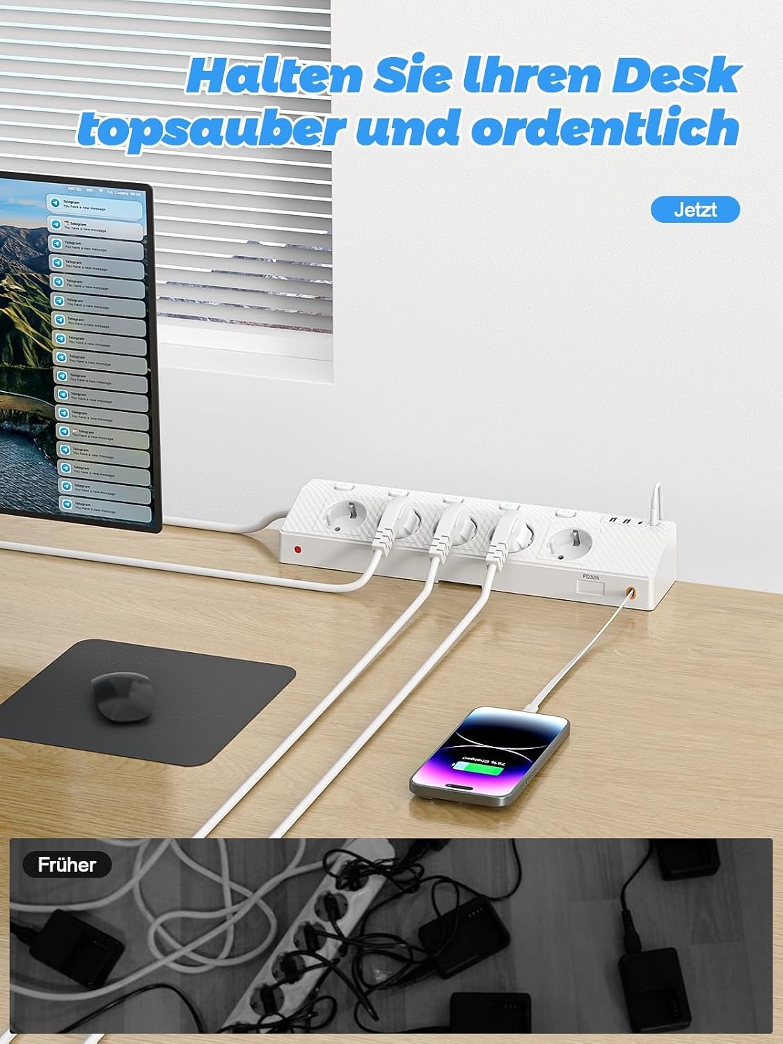 PASSUS Tafelstopcontact, stekkerdoos met 2 USB C (PD 30 W), 5-voudig, meervoudig stopcontact, bureau met overspanningsbeveiliging en afzonderlijk schakelbaar, 10-in-1 hoekstopcontact met 2 m kabel