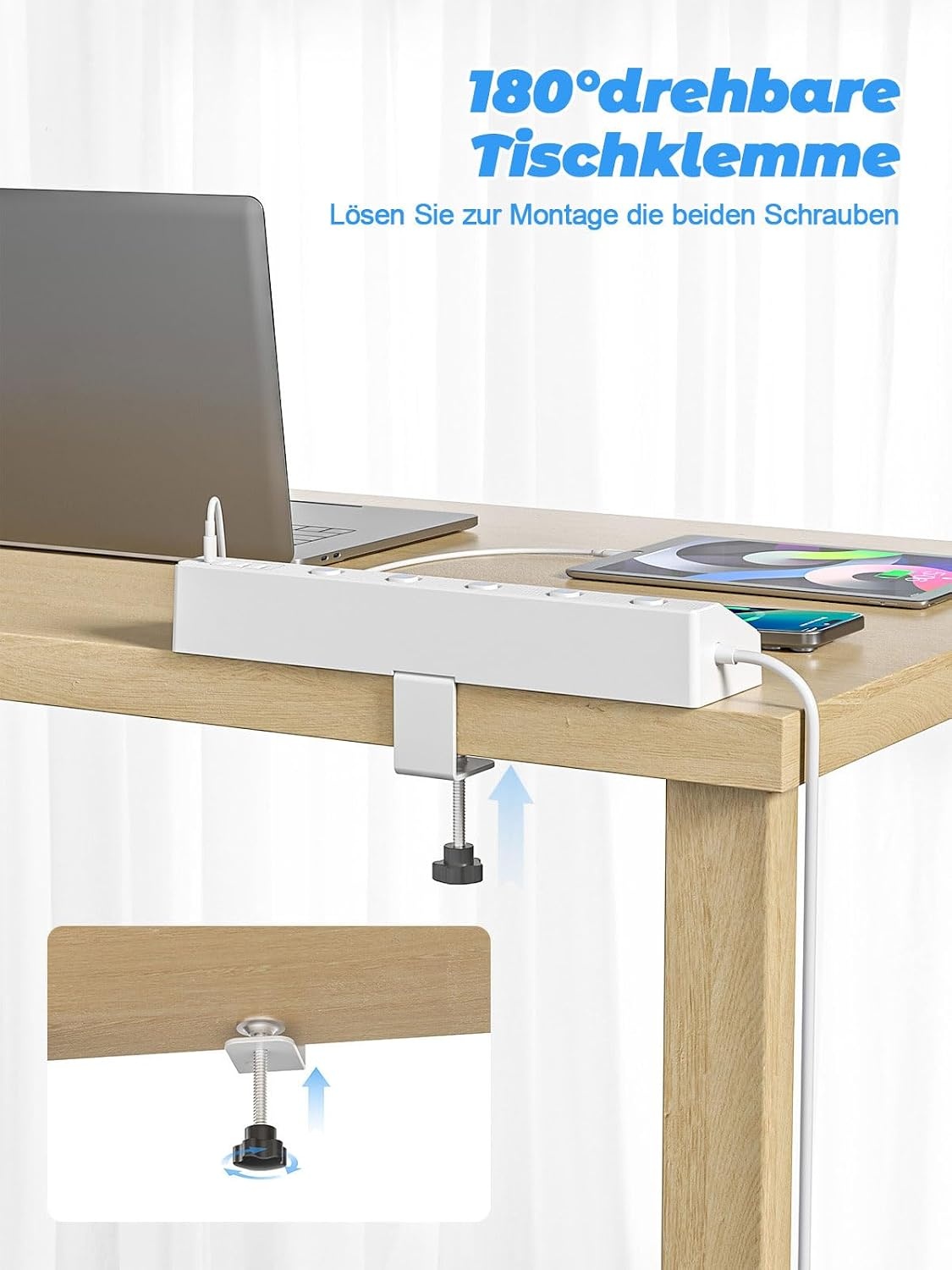 PASSUS Tafelstopcontact, stekkerdoos met 2 USB C (PD 30 W), 5-voudig, meervoudig stopcontact, bureau met overspanningsbeveiliging en afzonderlijk schakelbaar, 10-in-1 hoekstopcontact met 2 m kabel