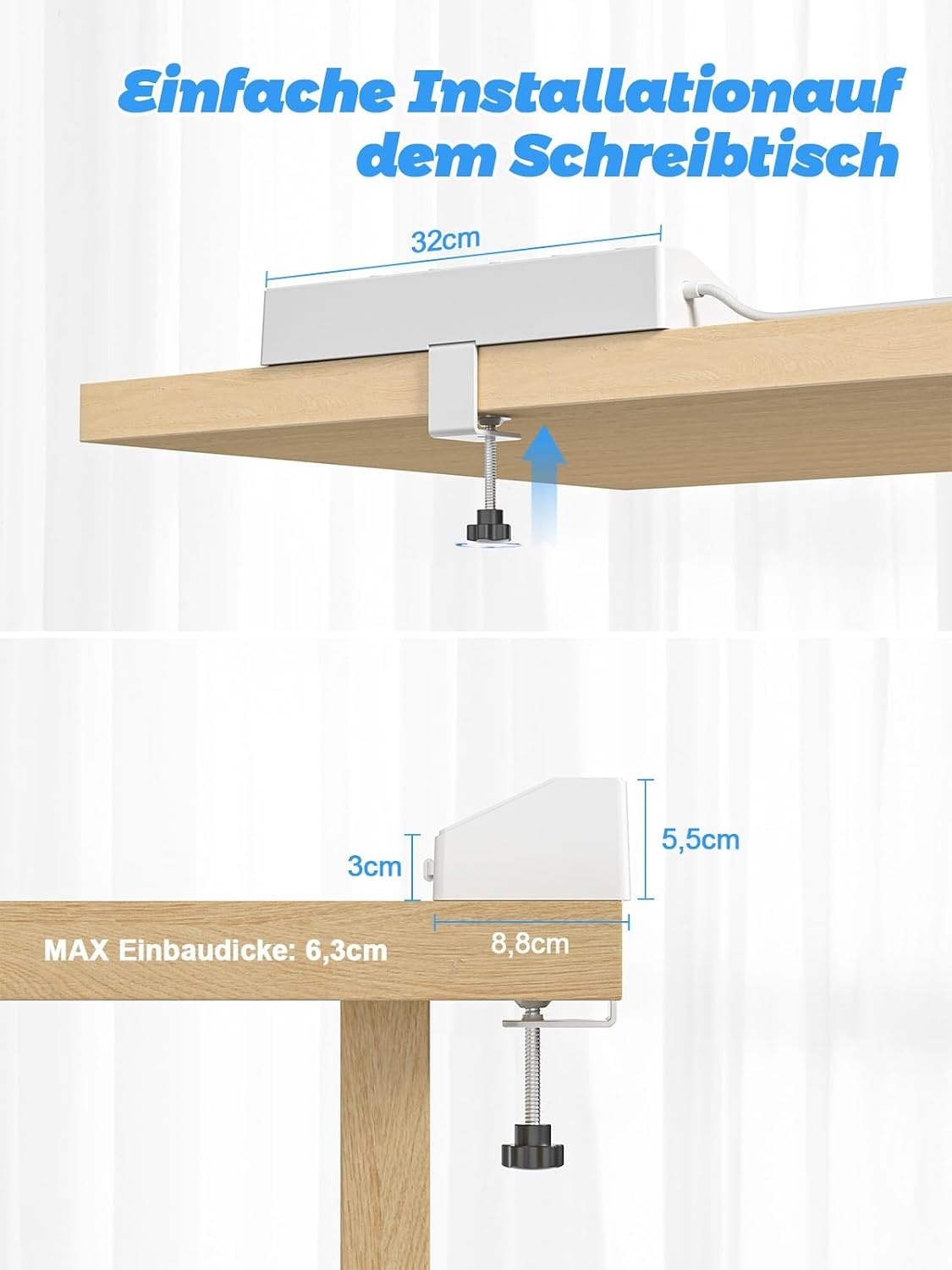 PASSUS Tafelstopcontact, stekkerdoos met 2 USB C (PD 30 W), 5-voudig, meervoudig stopcontact, bureau met overspanningsbeveiliging en afzonderlijk schakelbaar, 10-in-1 hoekstopcontact met 2 m kabel