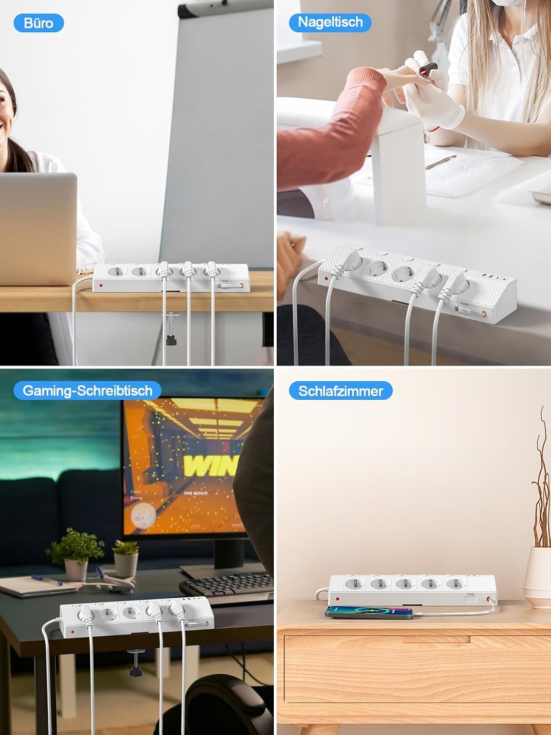 PASSUS Tafelstopcontact, stekkerdoos met 2 USB C (PD 30 W), 5-voudig, meervoudig stopcontact, bureau met overspanningsbeveiliging en afzonderlijk schakelbaar, 10-in-1 hoekstopcontact met 2 m kabel