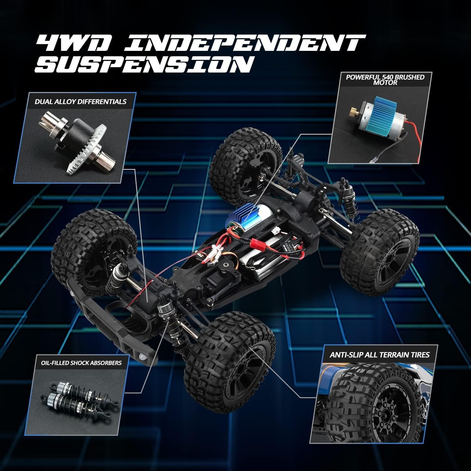 DEERC 9205E RC op afstand bestuurde auto met 48 km/u High Speed, 4WD 1:10 RC Car Off-Road 2,4 GHz draadloze afstandsbediening, monstertruck buggy, 2 accu's lange looptijd, crawler speelgoed, racewagen