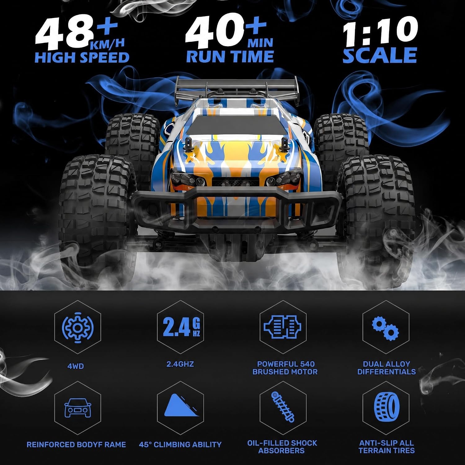 DEERC 9205E RC op afstand bestuurde auto met 48 km/u High Speed, 4WD 1:10 RC Car Off-Road 2,4 GHz draadloze afstandsbediening, monstertruck buggy, 2 accu's lange looptijd, crawler speelgoed, racewagen