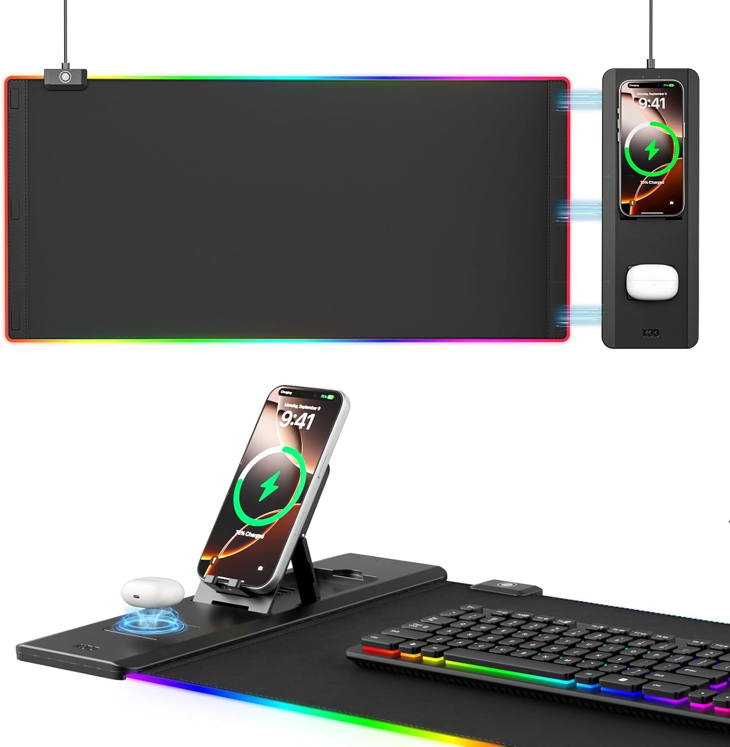 KDD RGB Gaming Bureauonderlegger met Draadloze Oplader en Telefoonhouder 70 x 33 cm