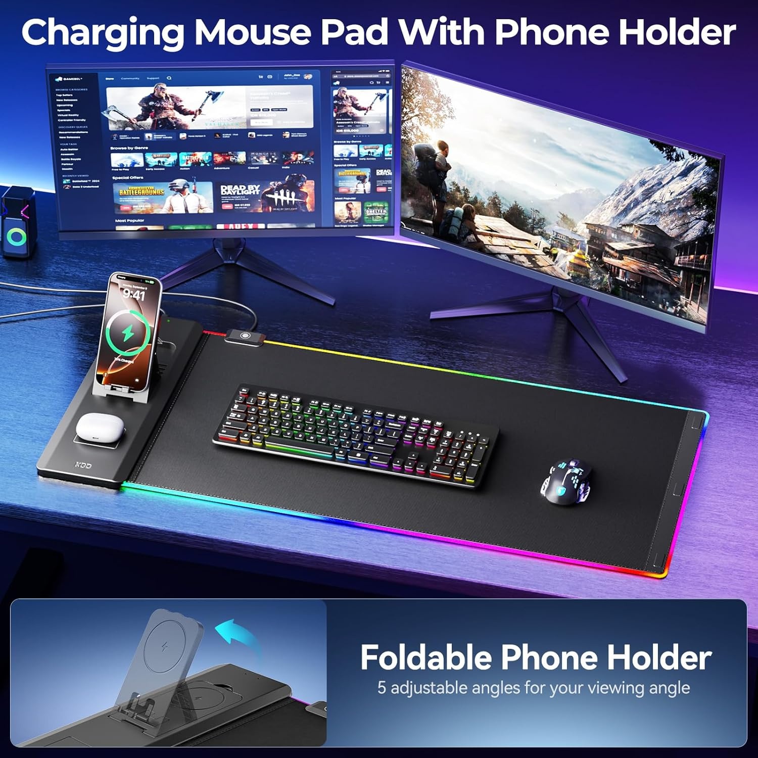 KDD RGB Gaming Bureauonderlegger met Draadloze Oplader en Telefoonhouder 70 x 33 cm