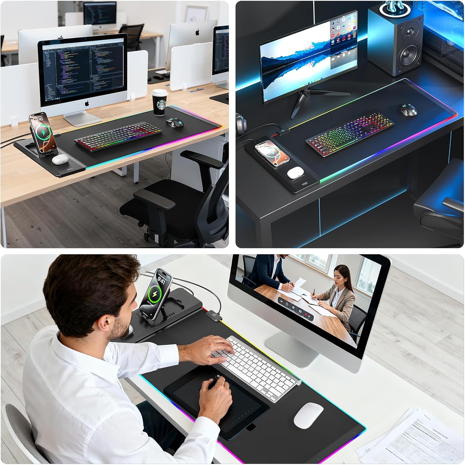 KDD RGB Gaming Bureauonderlegger met Draadloze Oplader en Telefoonhouder 70 x 33 cm