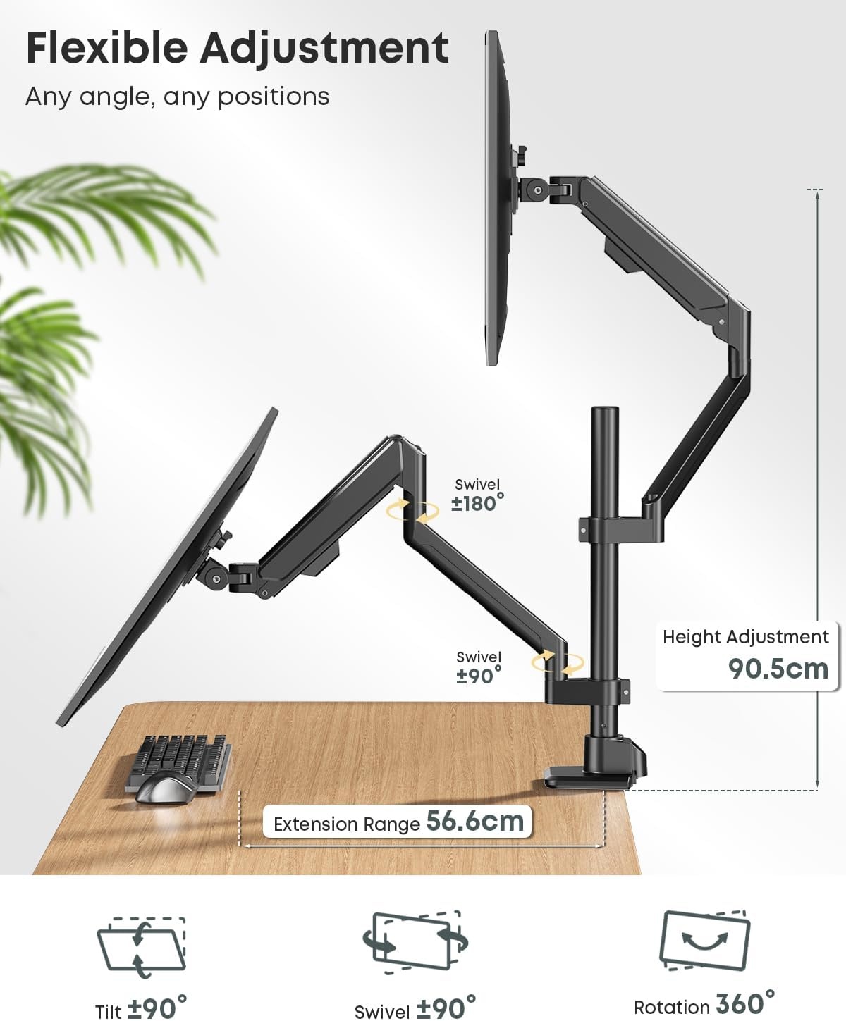 Dubbele monitorarm voor 17-40 inch, gasveer, volledige beweging