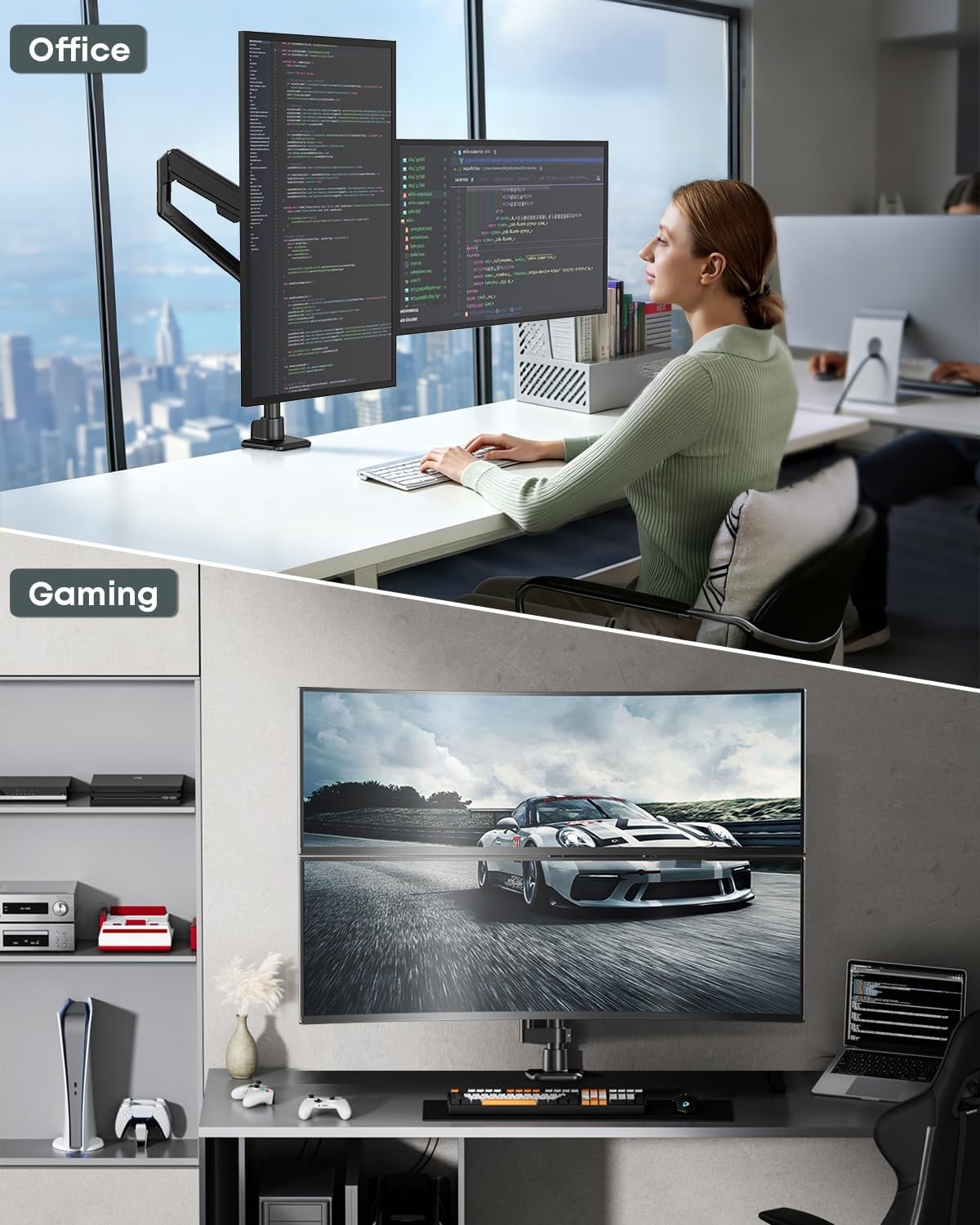 Dubbele monitorarm voor 17-40 inch, gasveer, volledige beweging