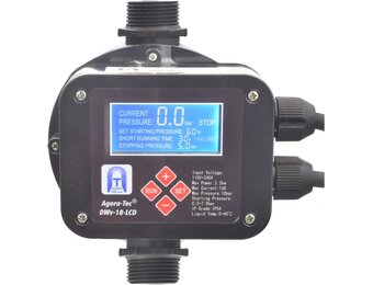Agora-Tec® Pompbesturing, drukschakelaar, doorstroombeveiliging, DWV-18-LCD bedraad (in- en uitschakeldruk instelbaar) met droogloopbeveiliging, overdrukbewaking, lekweergave