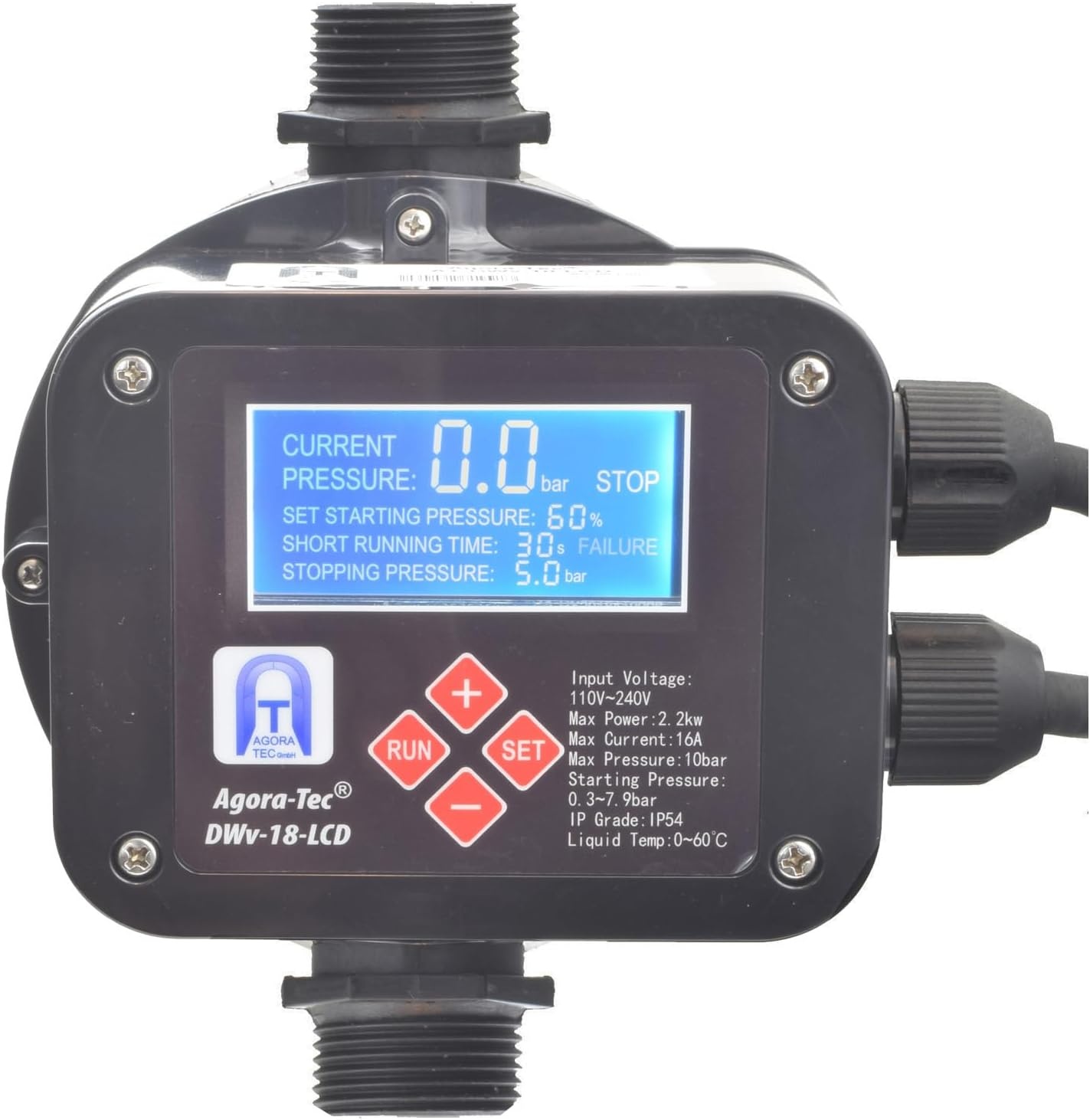 Agora-Tec® Pompbesturing, drukschakelaar, doorstroombeveiliging, DWV-18-LCD bedraad (in- en uitschakeldruk instelbaar) met droogloopbeveiliging, overdrukbewaking, lekweergave
