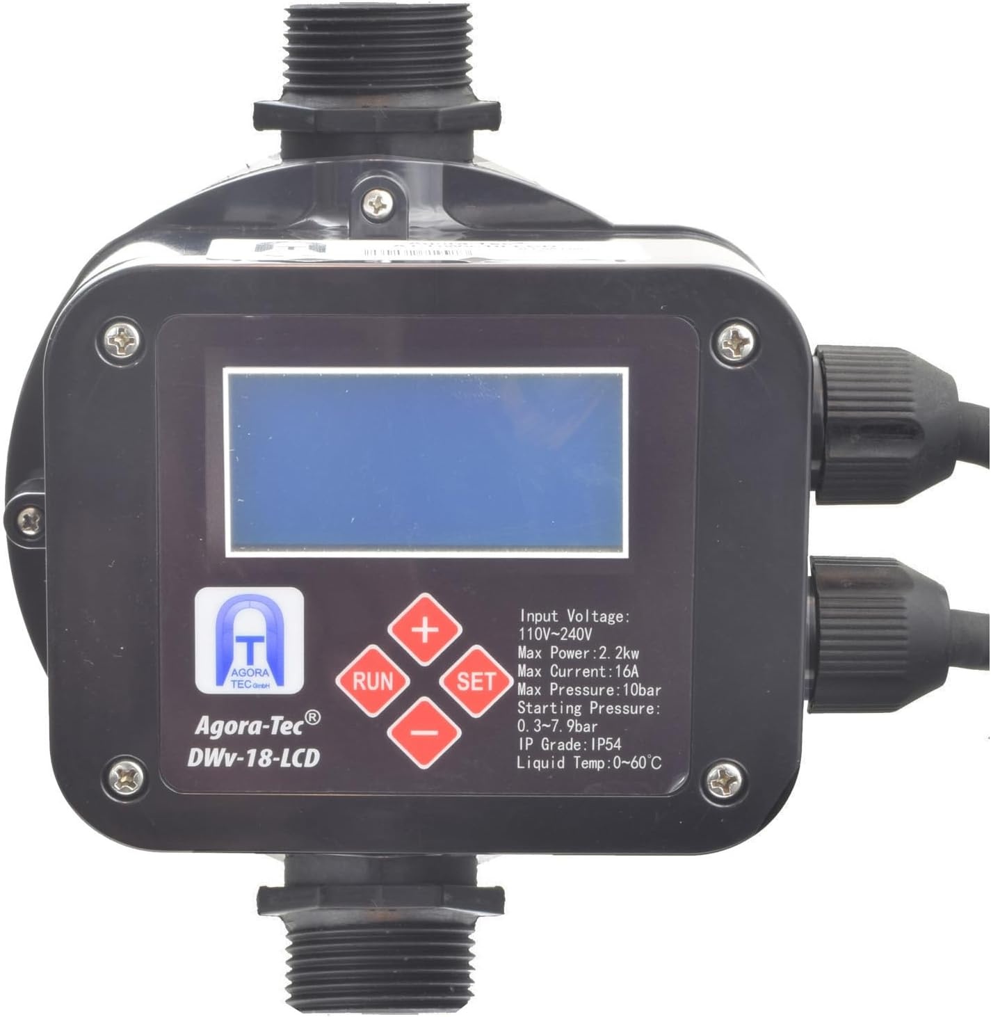 Agora-Tec® Pompbesturing, drukschakelaar, doorstroombeveiliging, DWV-18-LCD bedraad (in- en uitschakeldruk instelbaar) met droogloopbeveiliging, overdrukbewaking, lekweergave
