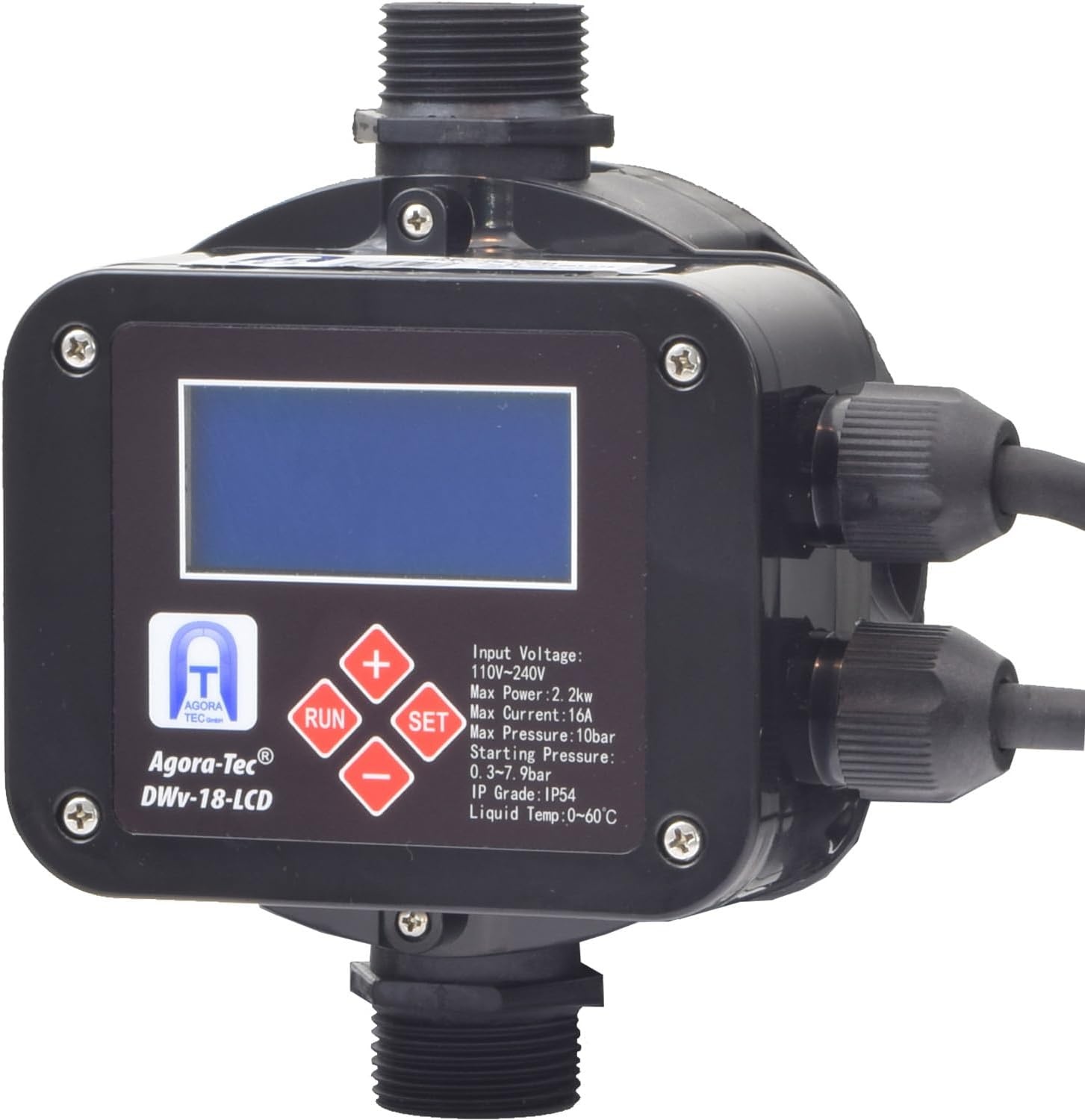 Agora-Tec® Pompbesturing, drukschakelaar, doorstroombeveiliging, DWV-18-LCD bedraad (in- en uitschakeldruk instelbaar) met droogloopbeveiliging, overdrukbewaking, lekweergave