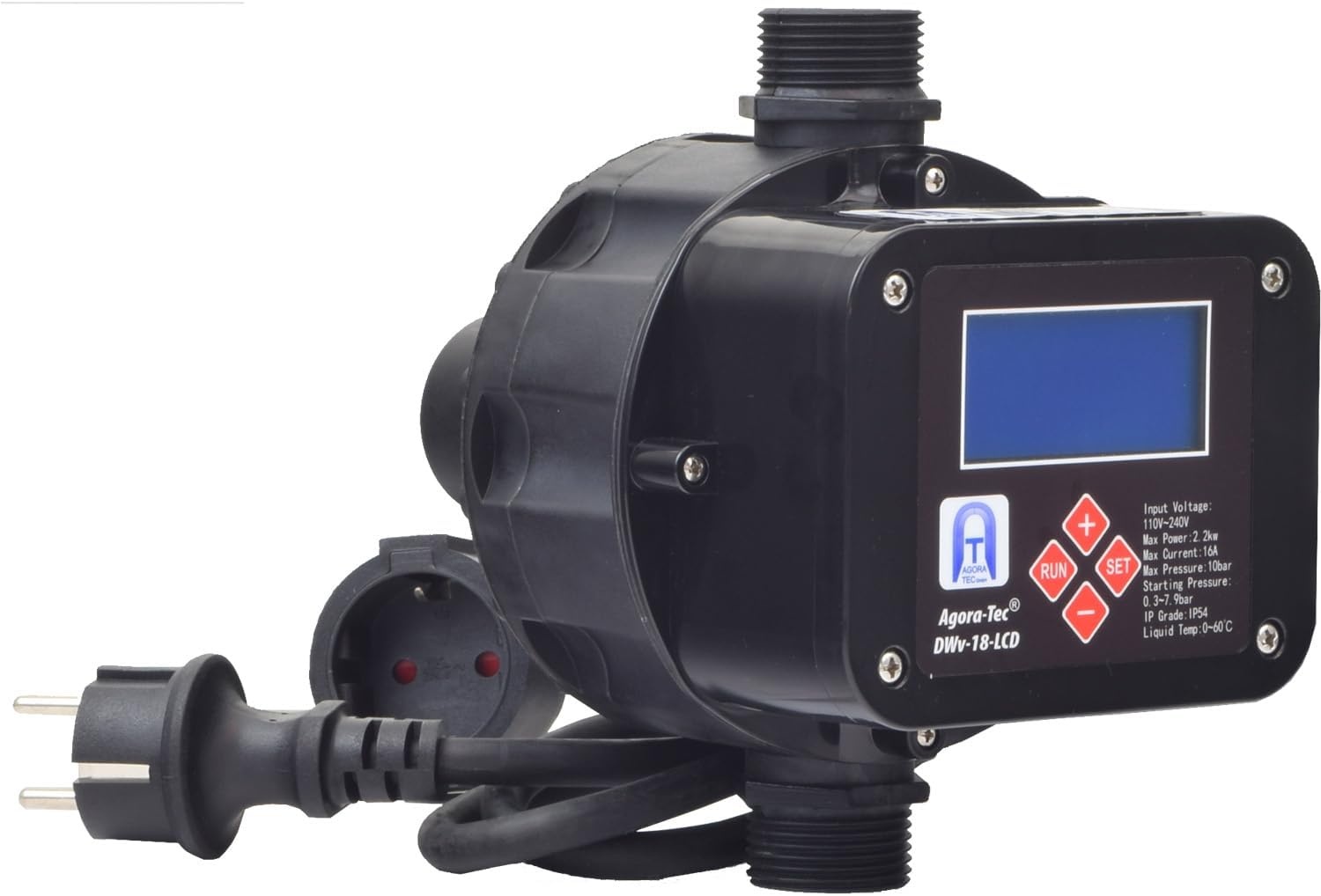 Agora-Tec® Pompbesturing, drukschakelaar, doorstroombeveiliging, DWV-18-LCD bedraad (in- en uitschakeldruk instelbaar) met droogloopbeveiliging, overdrukbewaking, lekweergave