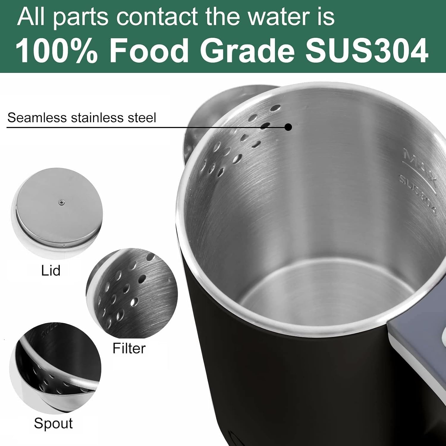 Waterkoker, klein, 800 ml, reiswaterkoker, 5 minuten snel koken, draagbare mini-camping, stille reizen, theepot van roestvrij staal, waterkoker (zwart)