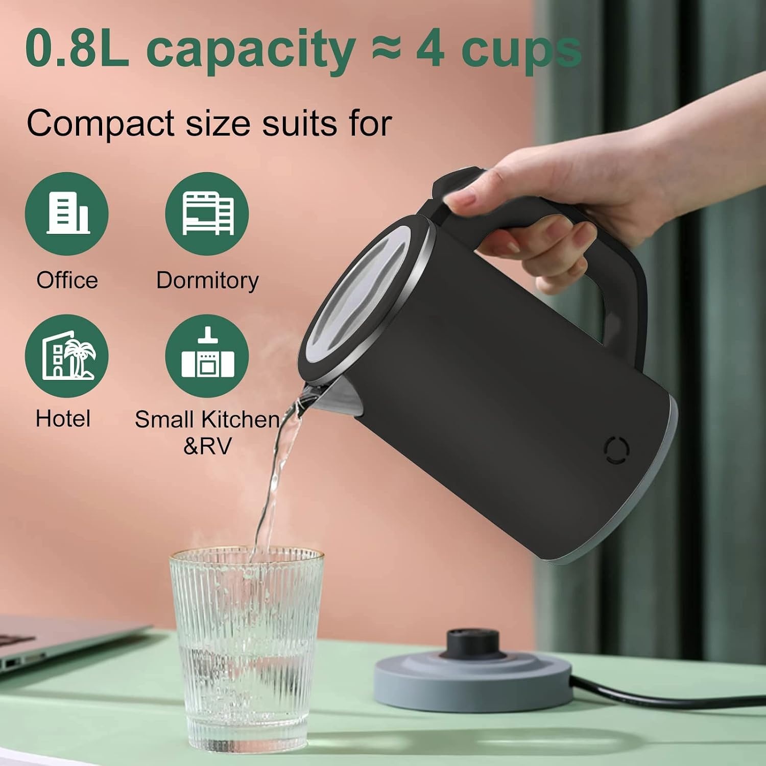 Waterkoker, klein, 800 ml, reiswaterkoker, 5 minuten snel koken, draagbare mini-camping, stille reizen, theepot van roestvrij staal, waterkoker (zwart)