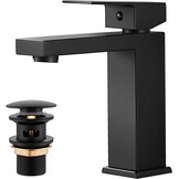 BOOXELY Wastafelkraan Mat Zwart - Vierkante Eengreepsmengkraan met Pop-Up Afvoer - 164 mm Hoog