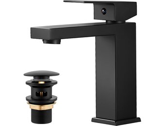 BOOXELY Wastafelkraan Mat Zwart - Vierkante Eengreepsmengkraan met Pop-Up Afvoer - 164 mm Hoog