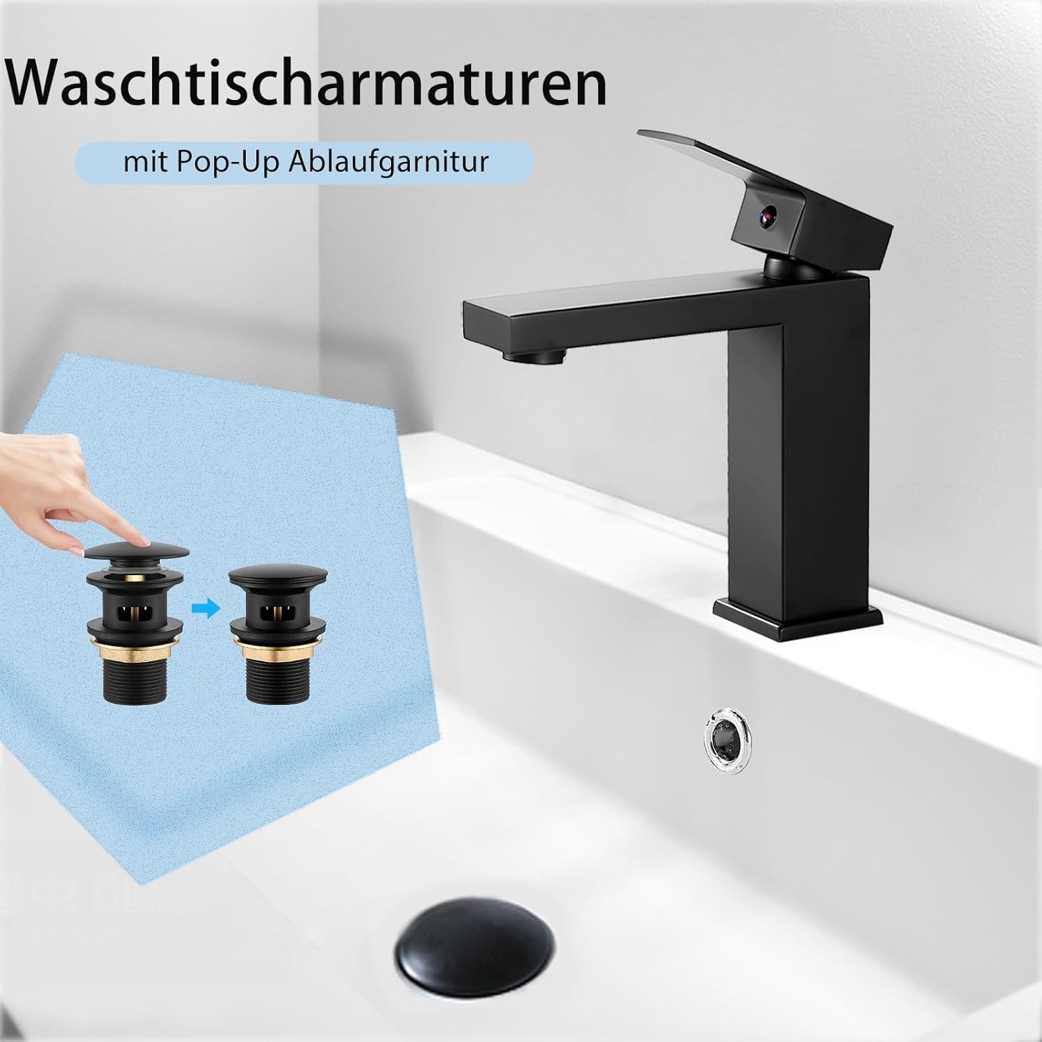 BOOXELY Wastafelkraan Mat Zwart - Vierkante Eengreepsmengkraan met Pop-Up Afvoer - 164 mm Hoog