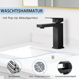 BOOXELY Wastafelkraan Mat Zwart - Vierkante Eengreepsmengkraan met Pop-Up Afvoer - 164 mm Hoog