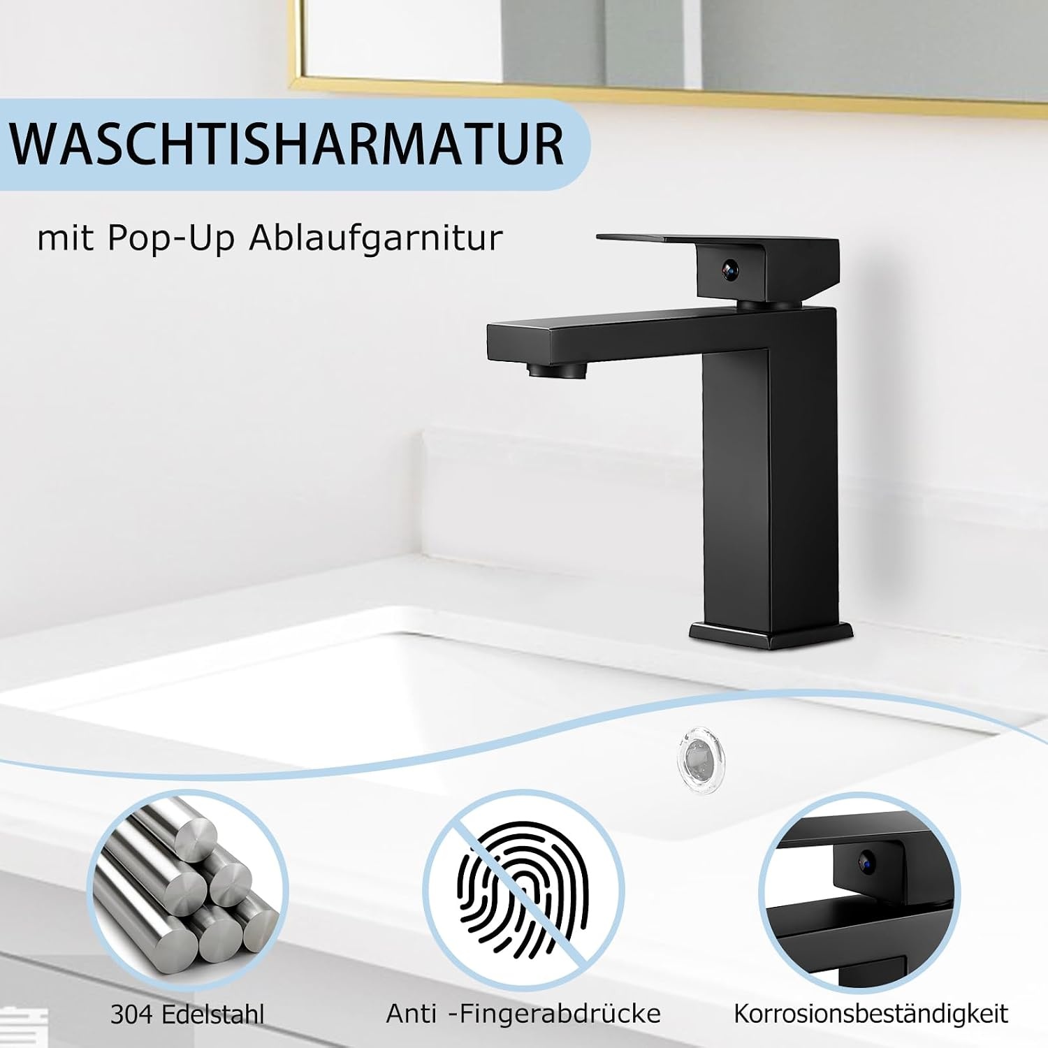 BOOXELY Wastafelkraan Mat Zwart - Vierkante Eengreepsmengkraan met Pop-Up Afvoer - 164 mm Hoog