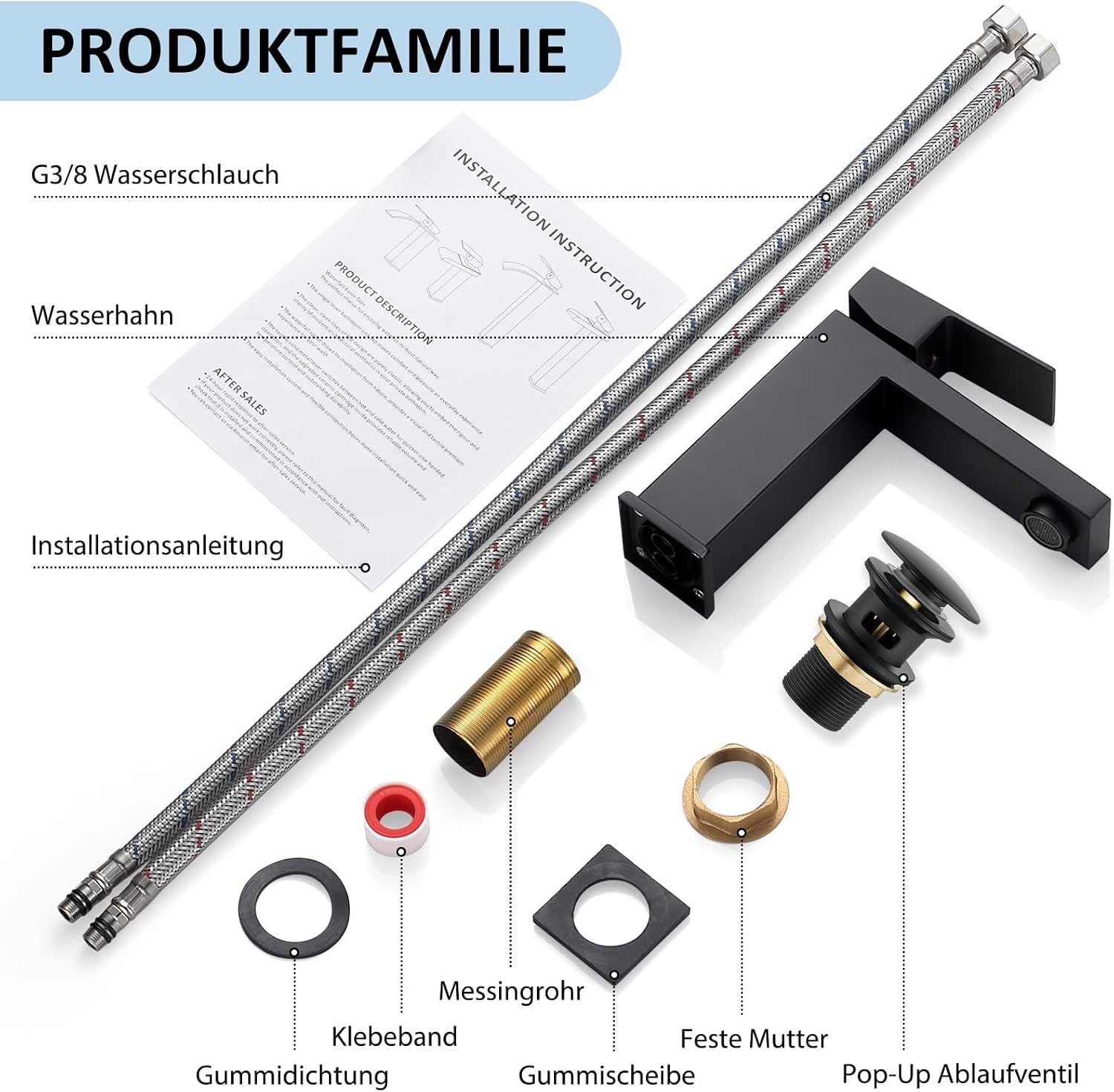 BOOXELY Wastafelkraan Mat Zwart - Vierkante Eengreepsmengkraan met Pop-Up Afvoer - 164 mm Hoog