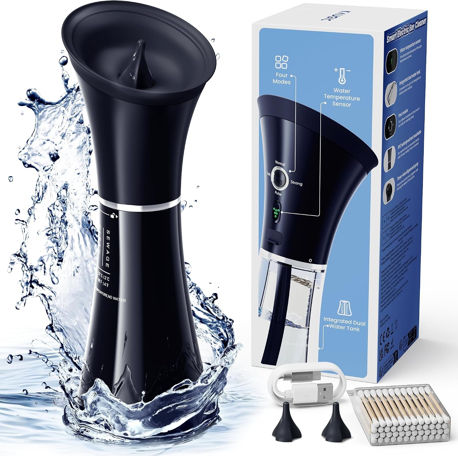 KAUGIC Elektrische Oorreiniger met Dubbel Reservoir - 4 Drukstanden - IPX7 Waterdicht - Transparant Grijs
