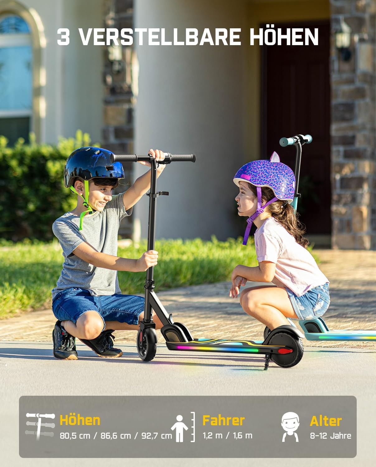 FanttikRide C9 Pro Elektrische step voor kinderen van 8-12 jaar, kleurrijke regenboogverlichting, 8/12/16 km/u, bereik van 8 km, led-display, in hoogte verstelbaar, opvouwbaar, voor jongens en meisjes