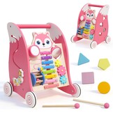 Houten babyloopwagen met muziekinstrumenten en vormpasspel, anti-O-been design, loophulp met xylofoon, kogelloop en tandwielspeelgoed, multifunctioneel activiteitscentrum voor peuters vanaf 1 J