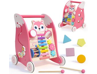 Houten babyloopwagen met muziekinstrumenten en vormpasspel, anti-O-been design, loophulp met xylofoon, kogelloop en tandwielspeelgoed, multifunctioneel activiteitscentrum voor peuters vanaf 1 J