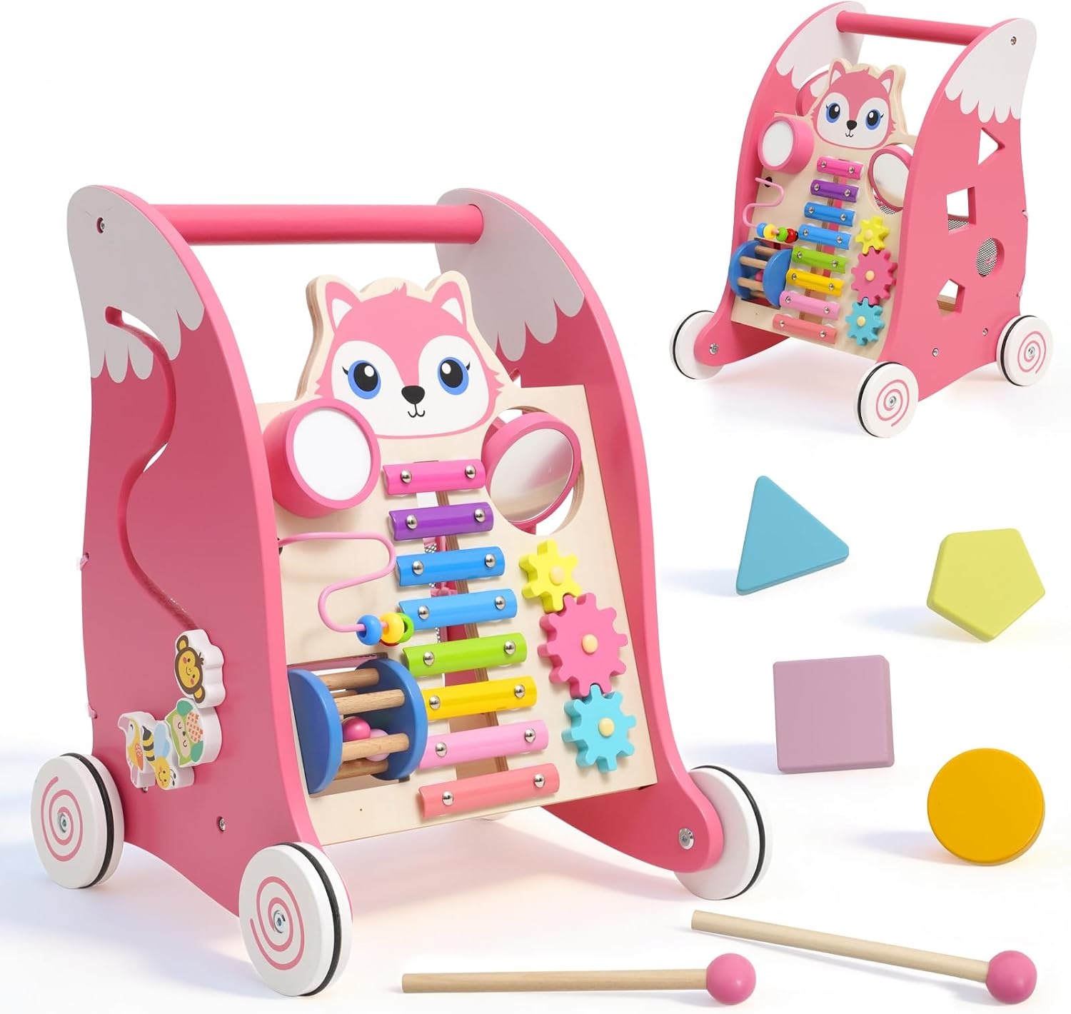 Houten babyloopwagen met muziekinstrumenten en vormpasspel, anti-O-been design, loophulp met xylofoon, kogelloop en tandwielspeelgoed, multifunctioneel activiteitscentrum voor peuters vanaf 1 J