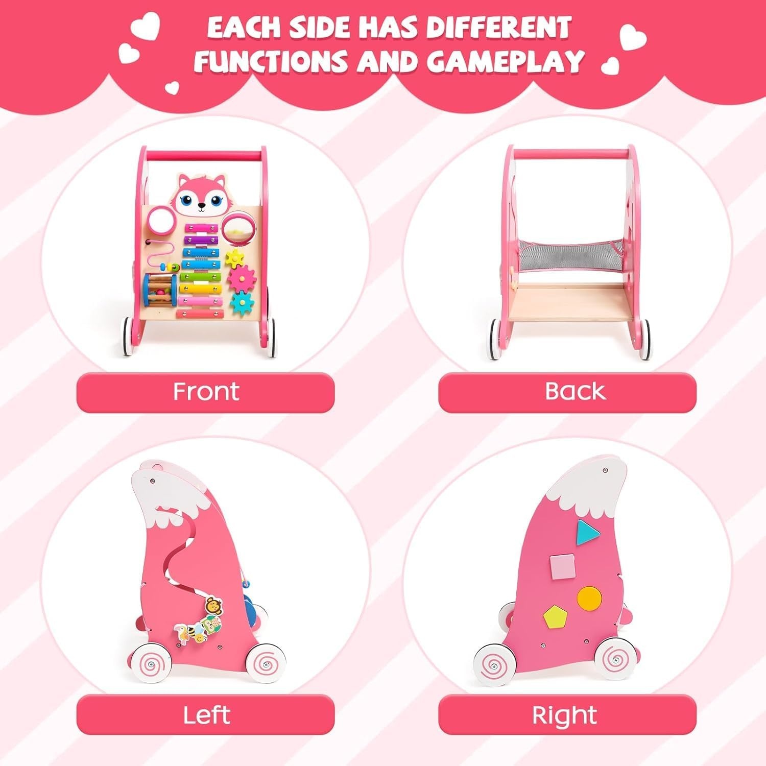 Houten babyloopwagen met muziekinstrumenten en vormpasspel, anti-O-been design, loophulp met xylofoon, kogelloop en tandwielspeelgoed, multifunctioneel activiteitscentrum voor peuters vanaf 1 J